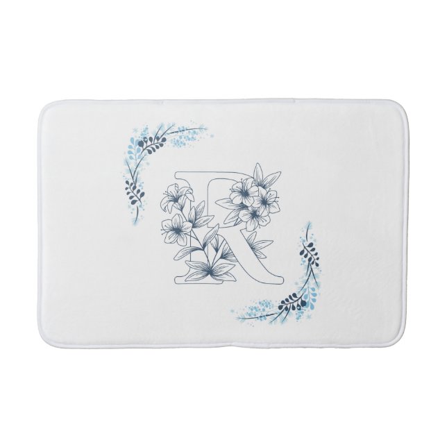 Tapis De Bain Initiale "R" Monogramme bleu Calme Floral (Devant)