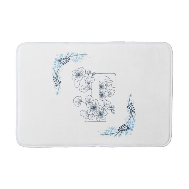 Tapis De Bain Initiale "T" Monogramme bleu Calme Floral (Devant)