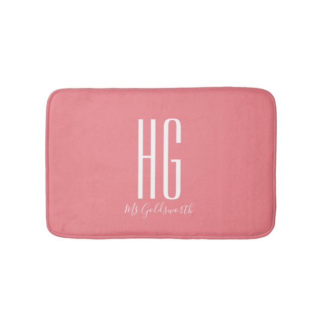 Tapis De Bain Initiales de monogramme Nom Corail Saumon Rose Mod (Devant)