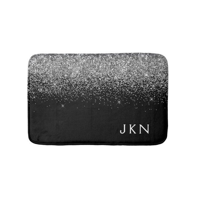 Tapis De Bain Initiales de nom girly pailleté argent noir (Devant)