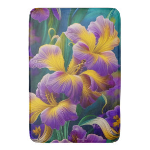Tapis De Bain Iris Floral Violet et bleu or feuilles