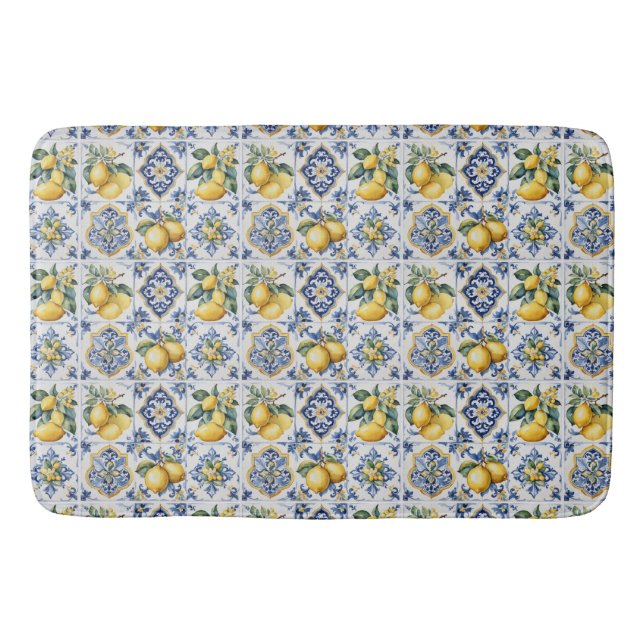 Tapis De Bain Italien Amalfi bleu carreaux blancs citrons (Devant)