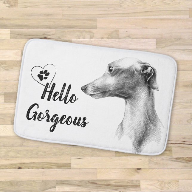 Tapis De Bain Italien Greyhound Portrait de chien Bonjour texte  (Créateur téléchargé)