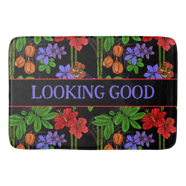 Tapis De Bain Jamaican Jungle Tropical Flowers and Fruit Black (Devant)