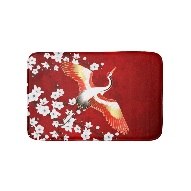 Tapis De Bain Japonaise Grue Blanc Cerisier Fleur Rouge (Devant)