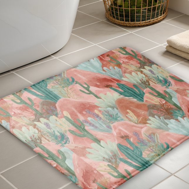 Tapis De Bain Jardin aquarelle Fleur de désert rose (Blush desert bath mat with watercolor cacti, terracotta canyons, and soft sage green desert blooms.)