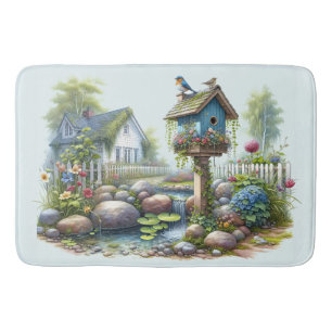 Tapis De Bain Jardin de maisonnette à l'aquarelle avec nichoir à