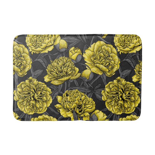 Tapis De Bain Jardin de pivoine nocturne en jaune et gris (Devant)
