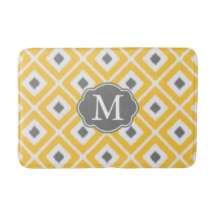 Tapis De Bain Jaune, Gris, Blanc, Diamant Ikat Motif