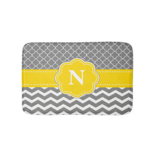 Tapis de bain jaune gris de monogramme de Chevron