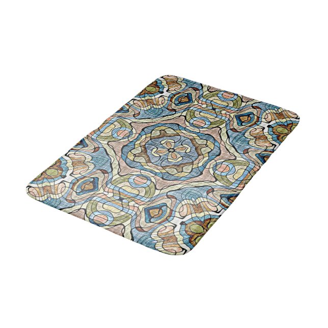 Tapis De Bain Jaune Vert Turquoise Bleu Orange Tribal Art (Angle)