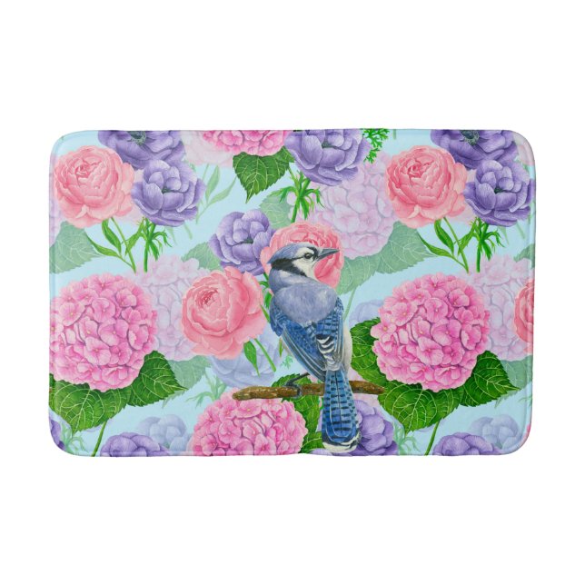 Tapis De Bain Jay bleu et fleurs motif aquarelle (Devant)