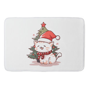 Tapis De Bain Joli chat portant un chapeau de Père Noël près de