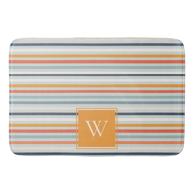 Tapis De Bain Joli Dusky Orange Bleu Motif rayé Monogramme (Devant)