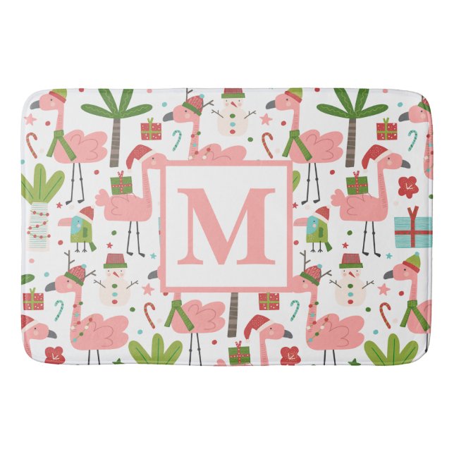 Tapis De Bain Joli Flamant Rose Noël Monogramme Initiale  (Devant)