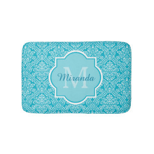Tapis De Bain Joli Motif Turquoise Damask Monogramme Avec Nom