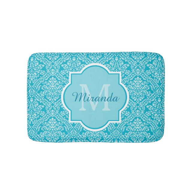 Tapis De Bain Joli Motif Turquoise Damask Monogramme Avec Nom (Devant)