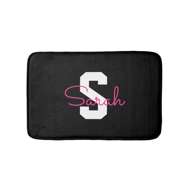 Tapis De Bain Joli nom et monogramme | Noir blanc et rose (Devant)