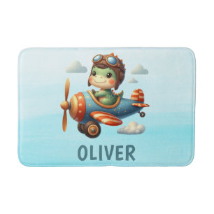 Tapis De Bain Joli Pilote Trex Dinosaure Pilotant un Avion Bleu