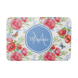 Tapis De Bain Joli Poppies rouges avec papillons bleus et nom