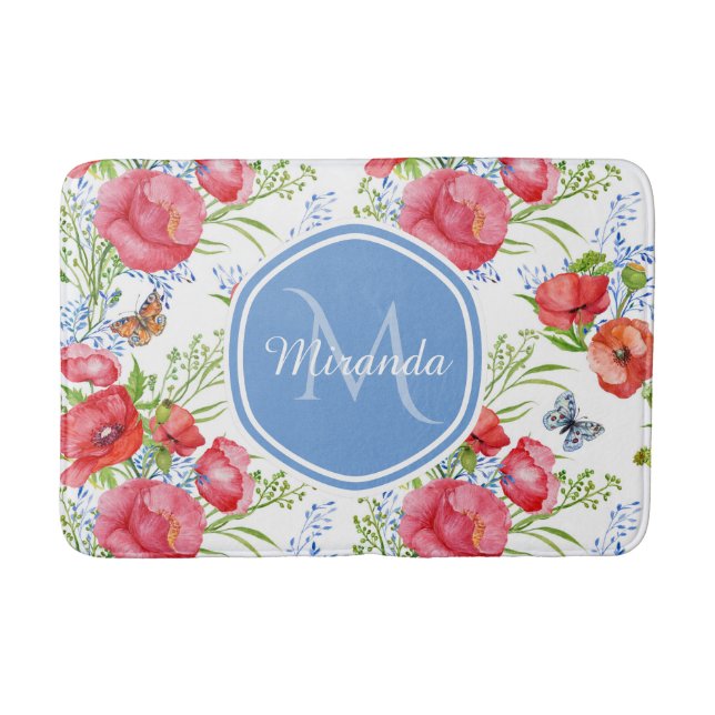 Tapis De Bain Joli Poppies rouges avec papillons bleus et nom (Devant)