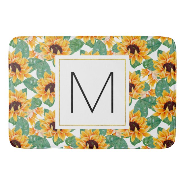 Tapis De Bain Joli tournesol Jaune & Vert Motif Monogramme (Devant)