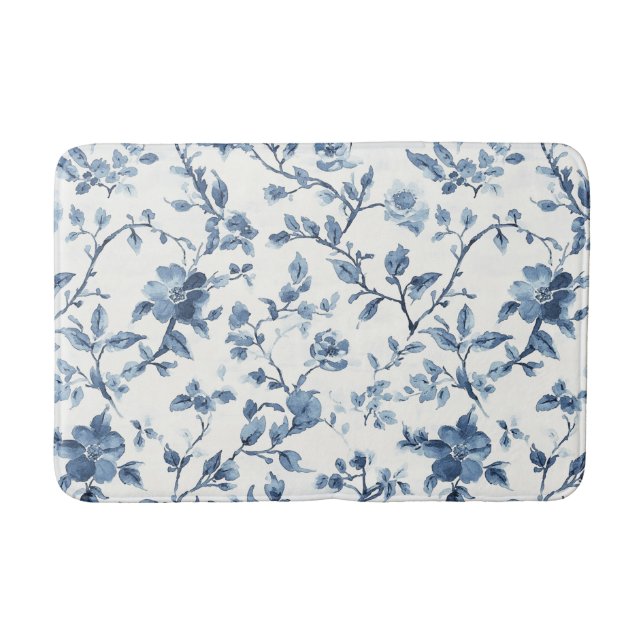 Tapis De Bain Jolie Fleurie Bleue Blanche   (Devant)