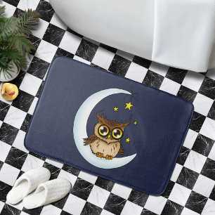Tapis De Bain Jolie Hibou Brun Croissant Lune Étoiles Bleu
