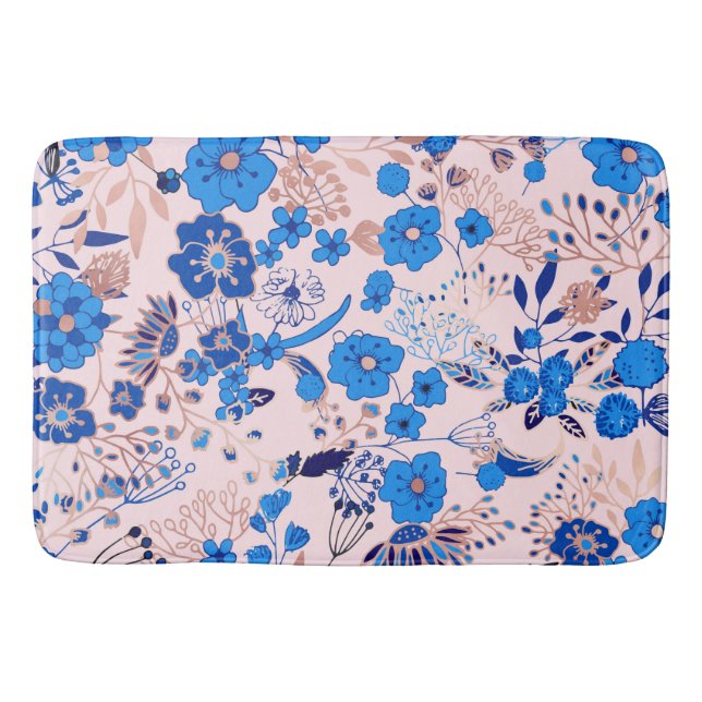 Tapis De Bain Jolie illustration florale bleu azur rose (Devant)