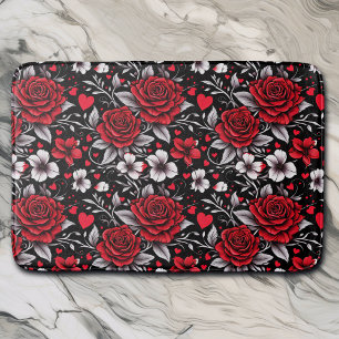 Tapis De Bain Jolie, Rouge, Roses noires et blanches, Coeurs