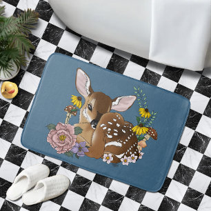 Tapis De Bain Jolies Fleurs Sauvages Faon Bleu Bébé Cerf Forêt