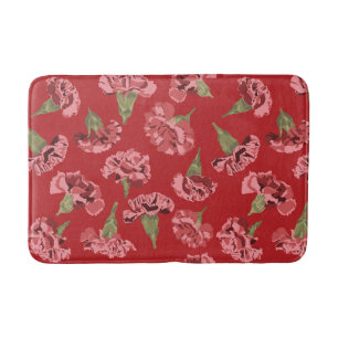 Tapis De Bain Jolies oeillets roses sur motif rouge