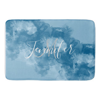 Tapis De Bain Joyau bleu Tone Aquarelle Nom du monogramme