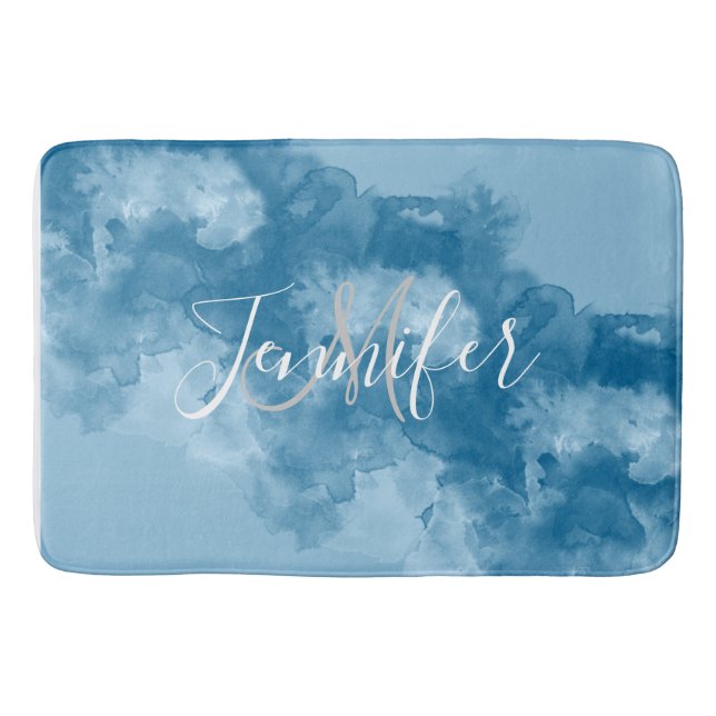 Tapis De Bain Joyau bleu Tone Aquarelle Nom du monogramme (Devant)