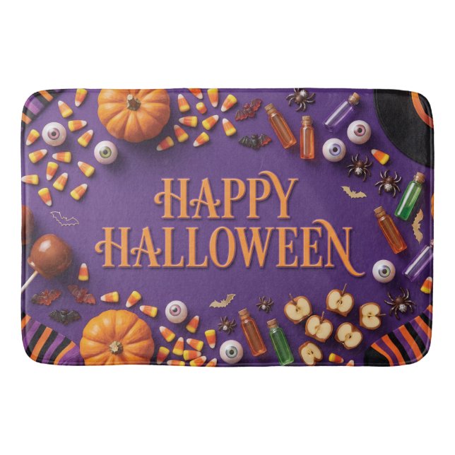 Tapis De Bain Joyeux Halloween à plat sur fond violet  (Devant)