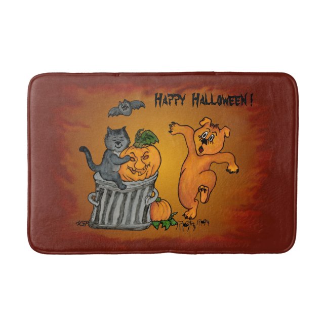 Tapis De Bain Joyeux Halloween avec Chat Chat Chien et Araignée (Devant)