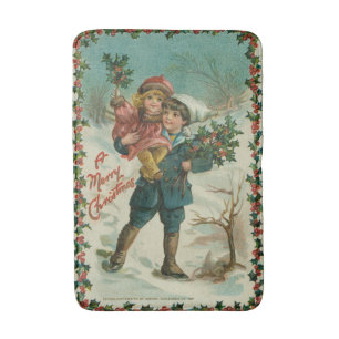 Tapis De Bain Joyeux Noël - carte postale rétro, enfants, houx