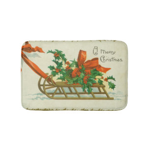 Tapis De Bain Joyeux Noël - carte postale vintage, traîneau et h