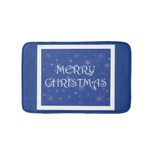 Tapis De Bain Joyeux Noël en bleu avec des flocons de neige