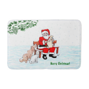 Tapis De Bain Joyeux Noël! Père Noël avec chat et chien