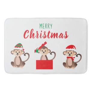 Tapis De Bain Joyeux Noël Singe Casquette de Noël Rouge Vert