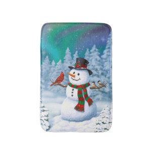 Tapis De Bain Joyeux Noël Snowman & Birds Winter Scene