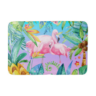 Tapis De Bain Jungle Tropicale Colorée Aux Flamants roses Roses