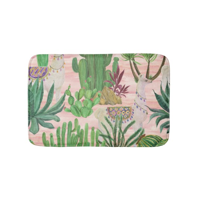Tapis De Bain Lamas aquarelle et motif cactus. (Devant)