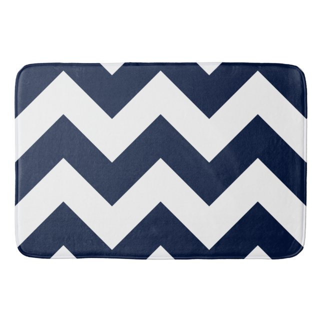 Tapis De Bain Large Motif Zigzag bleu foncé et blanc (Devant)