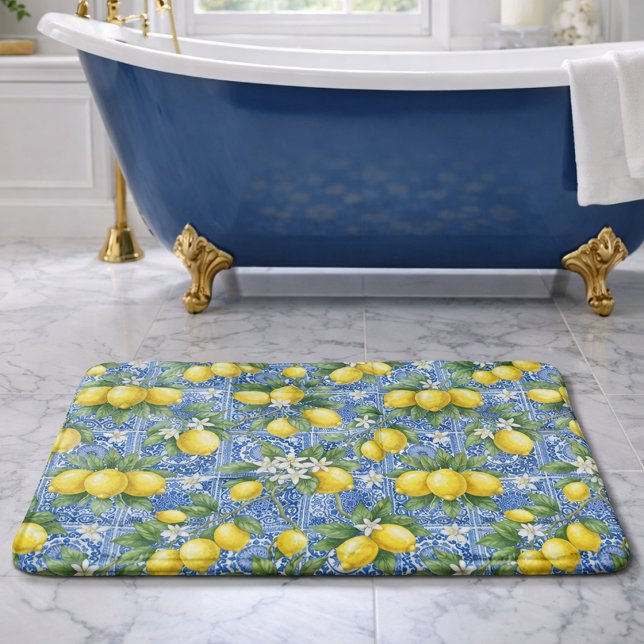 Tapis De Bain Lemon Blue French Country Watercolor Tile  (Créateur téléchargé)