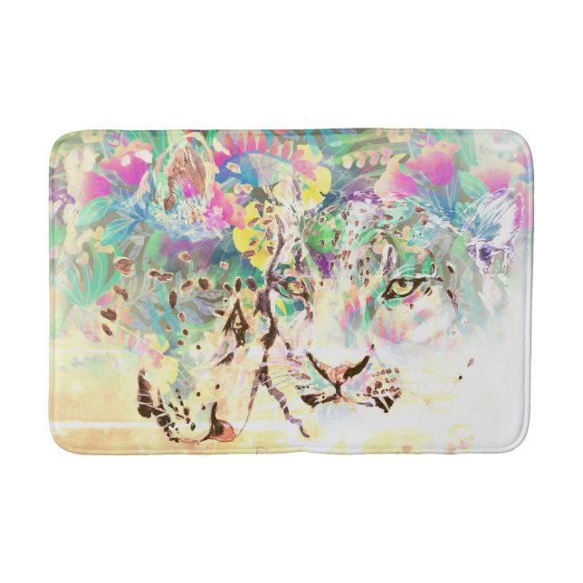 Tapis De Bain Léopard des neiges fleurs tropicales animal hawaïe (Devant)