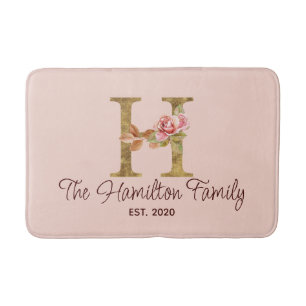 Tapis De Bain Lettre de nom personnalisée H Rose blush doré Rose