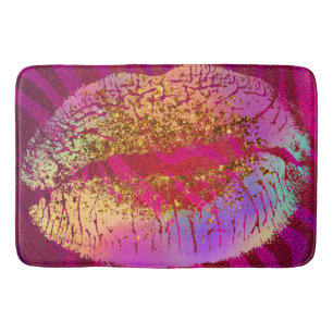 Tapis De Bain Lèvres Rose Imprimé Zèbre Arc-en-ciel Or Paillette