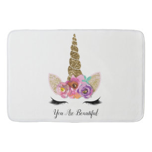 Tapis De Bain Licorne Fleurie Pailletée Or Fille Fille Brillante